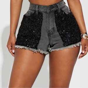 NWT - Fashion Nova Sequin denim shorts. Size 5 (black)